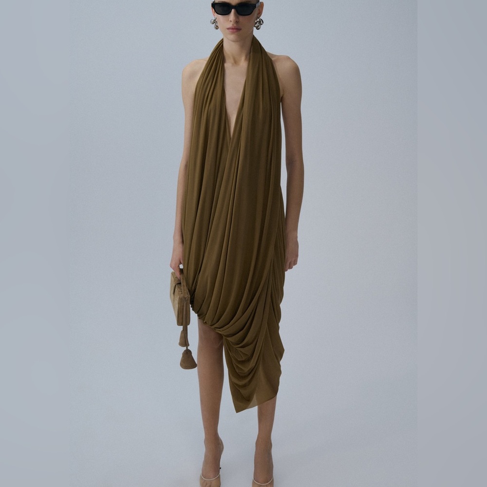 KOIR Stunning draped halter midi evening dress olive brown
